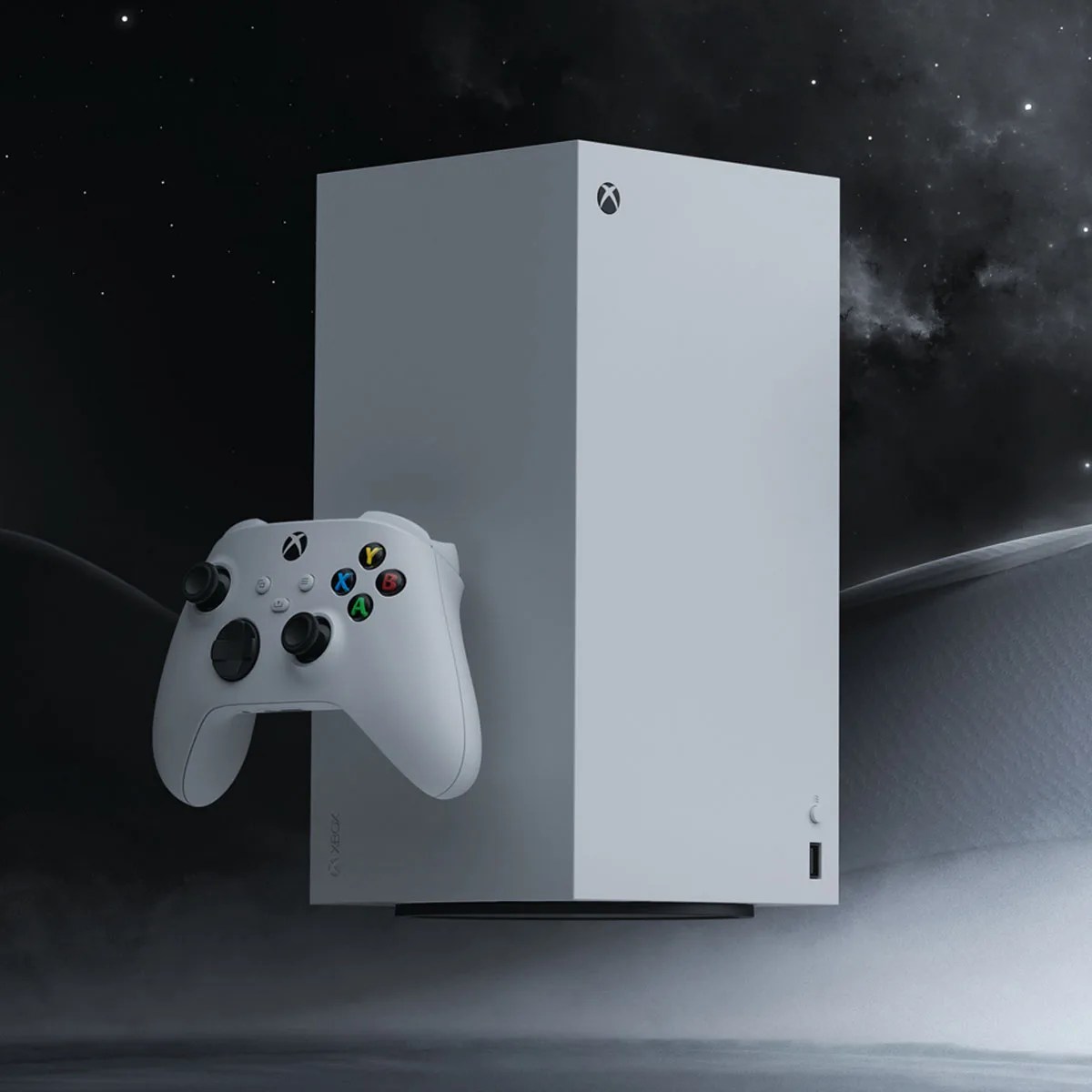 Xbox Series X Robot White limited edition gaming console next to white controller against a space-themed background