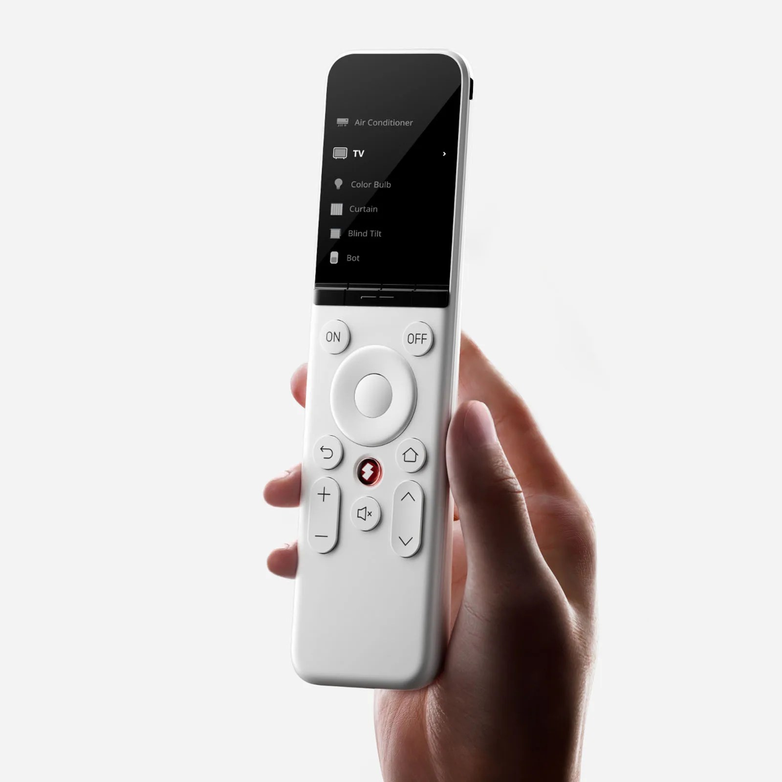 SwitchBot universal remote being held in a woman’s hand against a white background