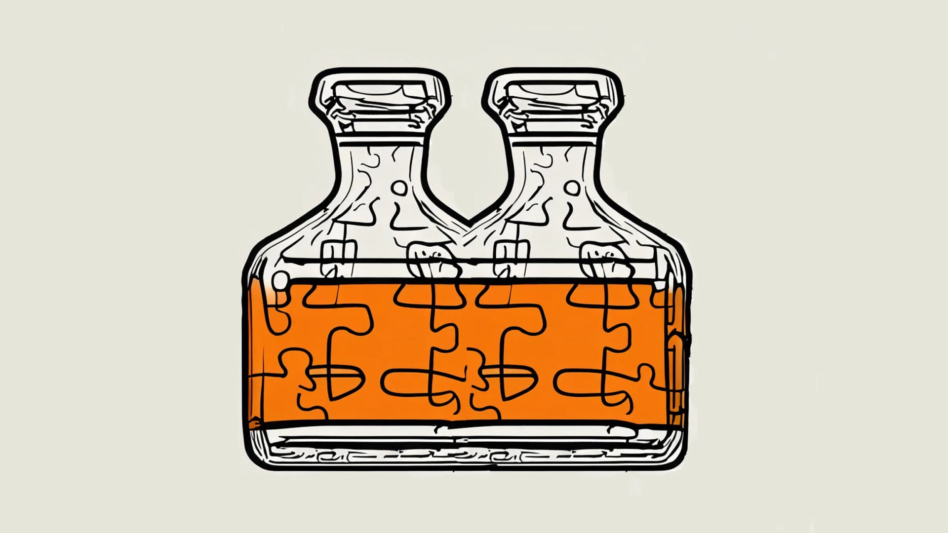 Two illustrated bottles of whiskey cut into puzzle pieces blending together on a tan background