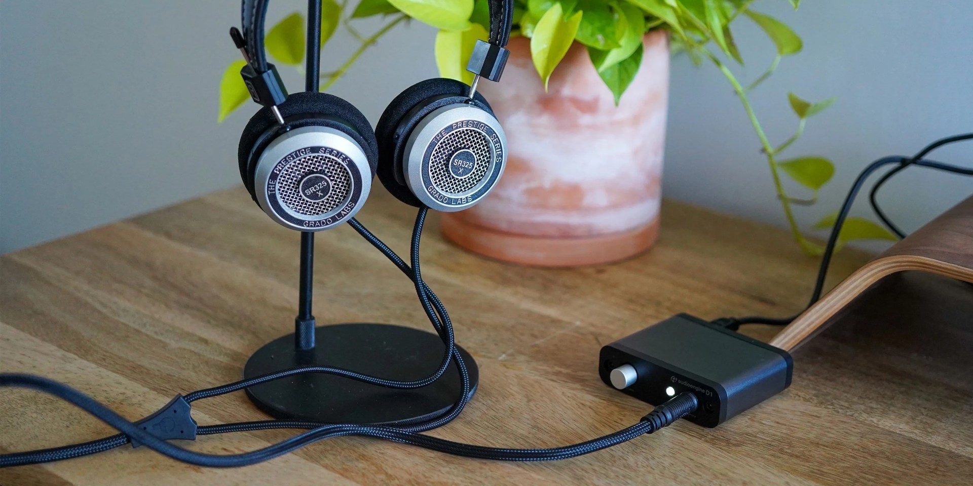 wired headphones on a desk