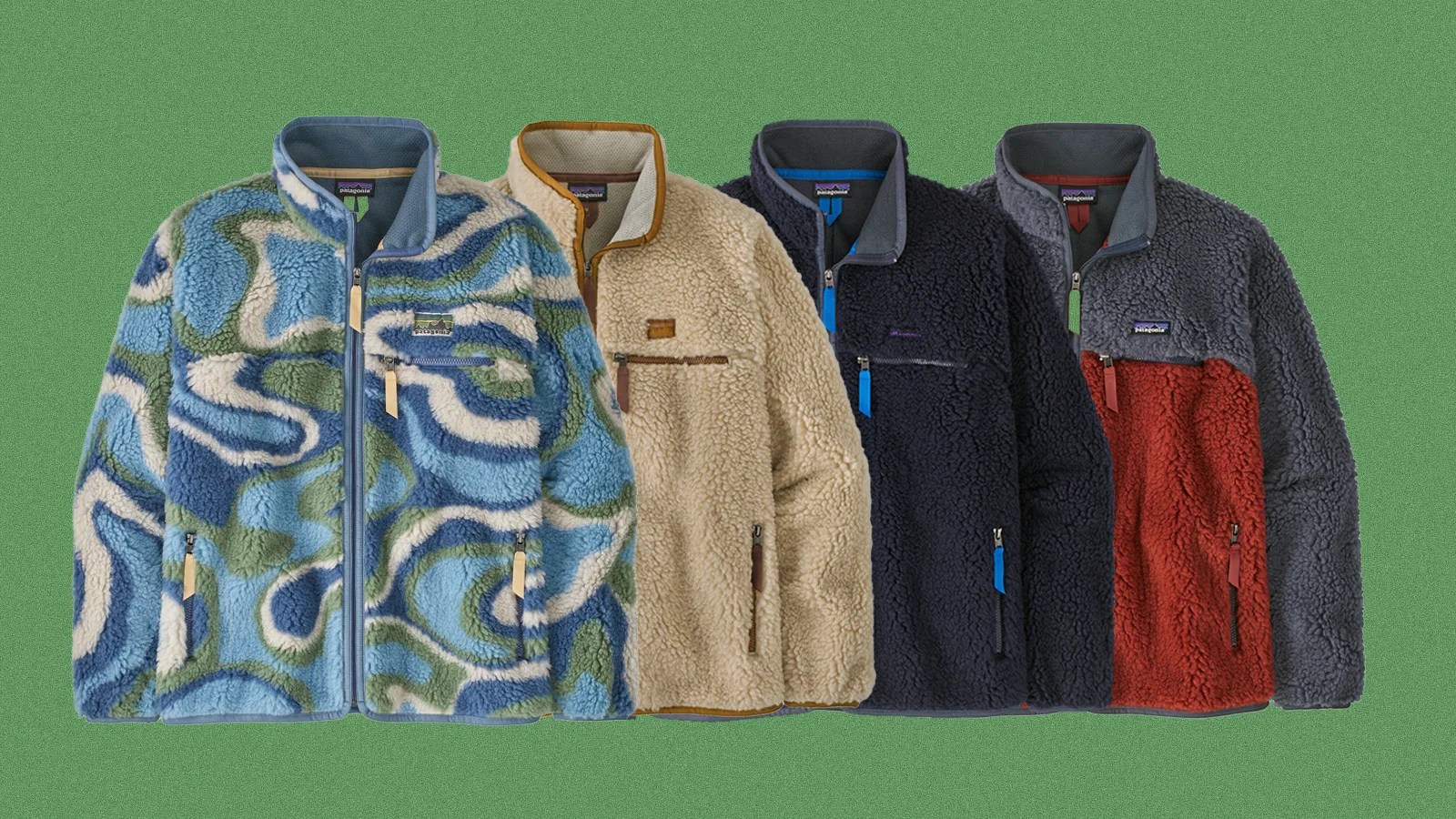 Four versions of Patagonia's Natural Blend Retro Cardigan shown in a row partially covering each other on a light green background.