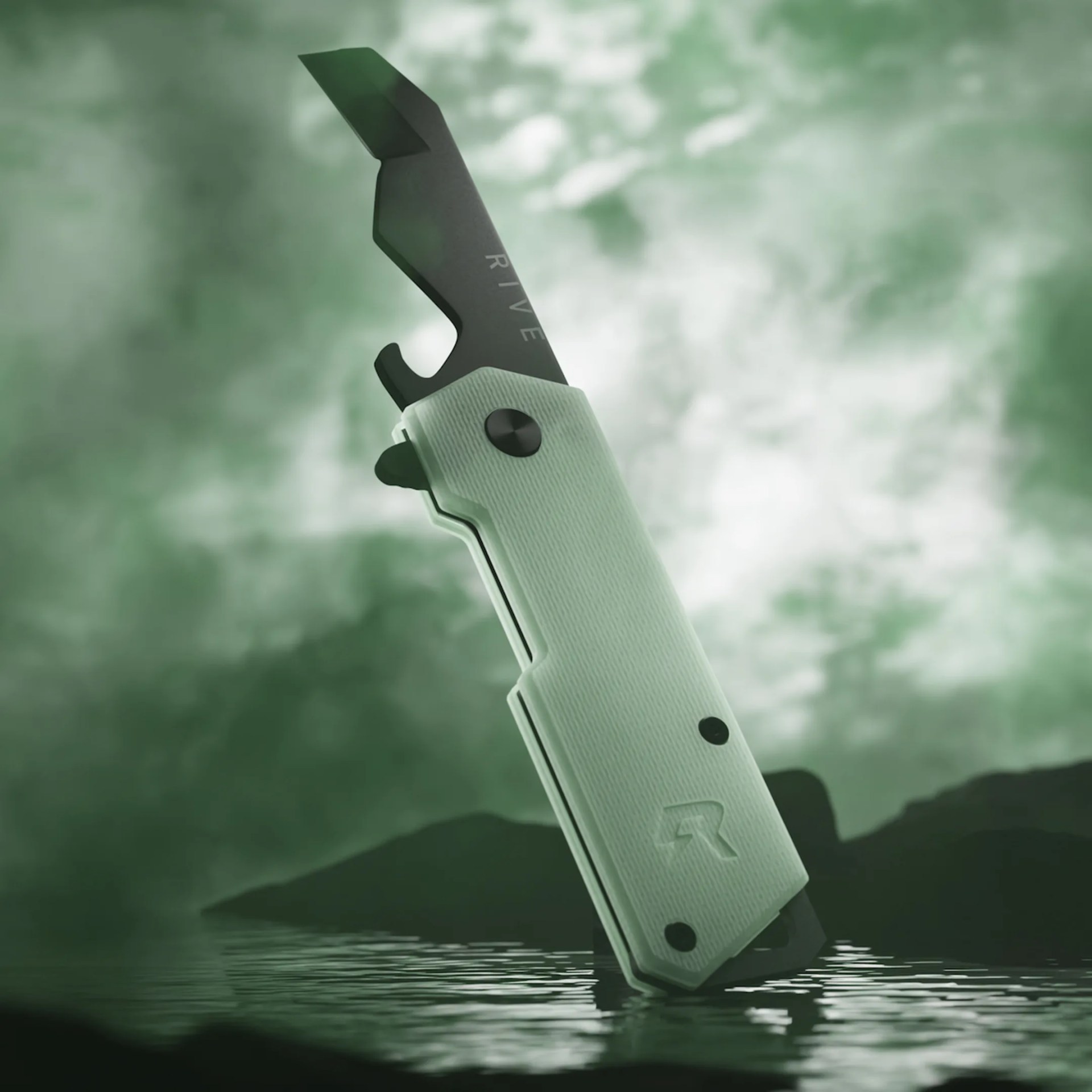 Slughaus Quickdraw multi tool on water in front of green clouds