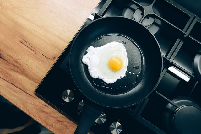 fried eggs are fried in a black skillet